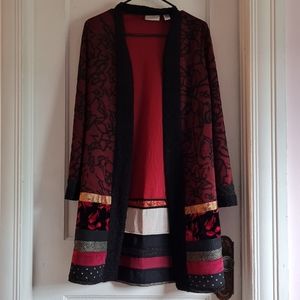 Chicos Red Taupe Patchwork Jacquard Duster Jacket Chicos size 0